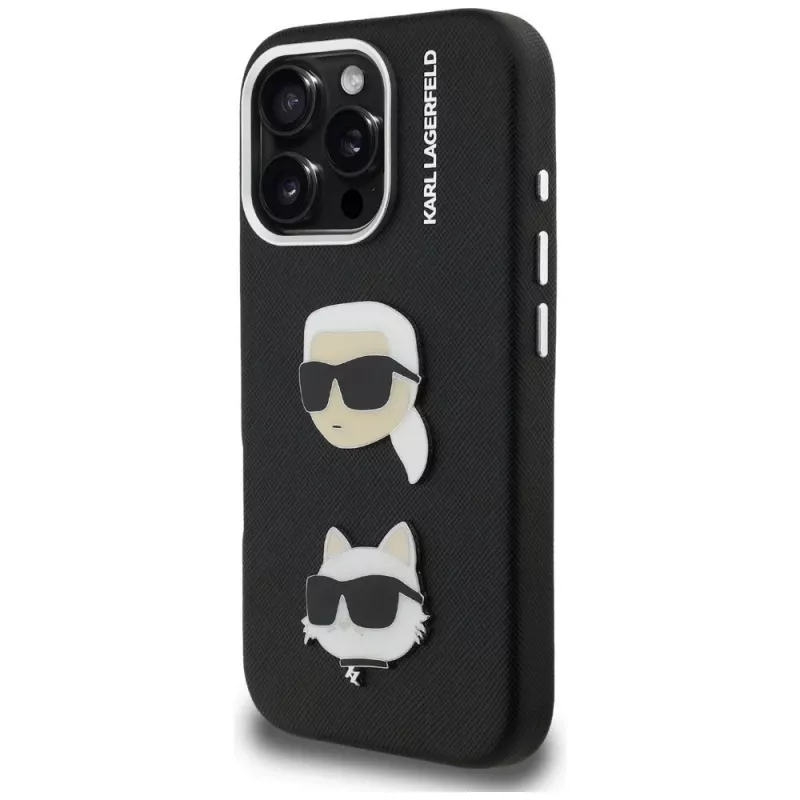 KARL LAGERFELD FW Grained Karl & Choupette Heads Pins -kotelo iPhone 16 Pro Max, musta