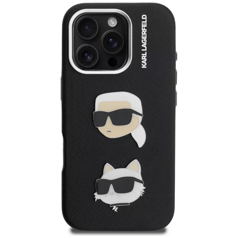 KARL LAGERFELD FW Grained Karl & Choupette Heads Pins -kotelo iPhone 16 Pro Max, musta