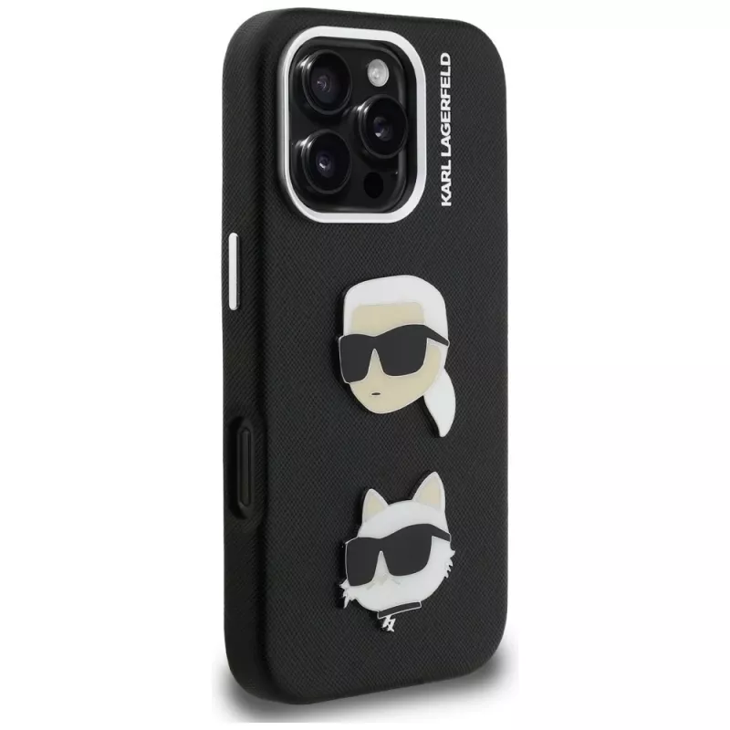 KARL LAGERFELD FW Grained Karl & Choupette Heads Pins -kotelo iPhone 16 Pro Max, musta