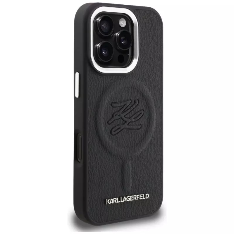 Karl Lagerfeld Initial & Metal Logo MagSafe -kotelo iPhone 16 Pro, musta