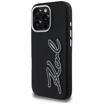 Karl Lagerfeld FW Grained Signature Logo -kotelo iPhone 16 Pro, musta
