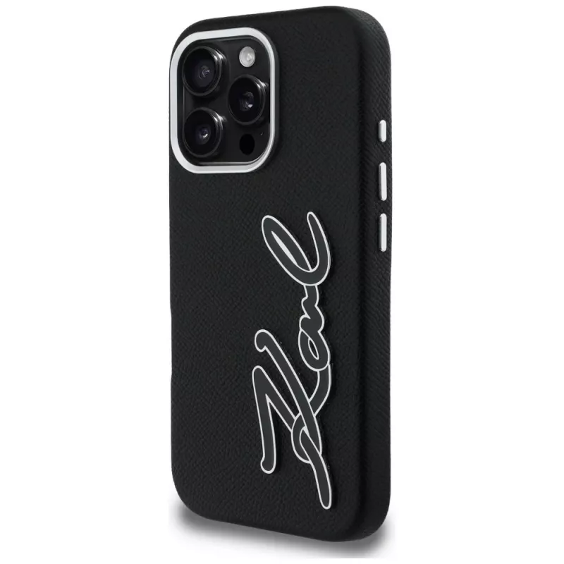 Karl Lagerfeld FW Grained Signature Logo -kotelo iPhone 16 Pro, musta