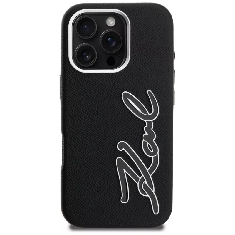 Karl Lagerfeld FW Grained Signature Logo -kotelo iPhone 16 Pro, musta