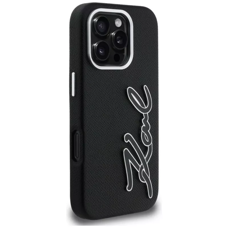 Karl Lagerfeld FW Grained Signature Logo -kotelo iPhone 16 Pro, musta
