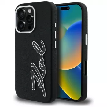 KARL LAGERFELD FW Grained Signature Logo -kotelo iPhone 16 Pro Max, musta