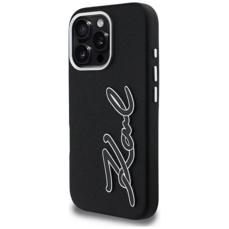KARL LAGERFELD FW Grained Signature Logo -kotelo iPhone 16 Pro Max, musta