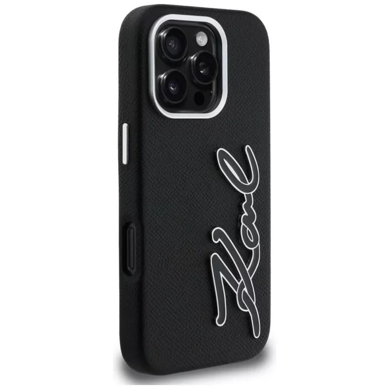 KARL LAGERFELD FW Grained Signature Logo -kotelo iPhone 16 Pro Max, musta