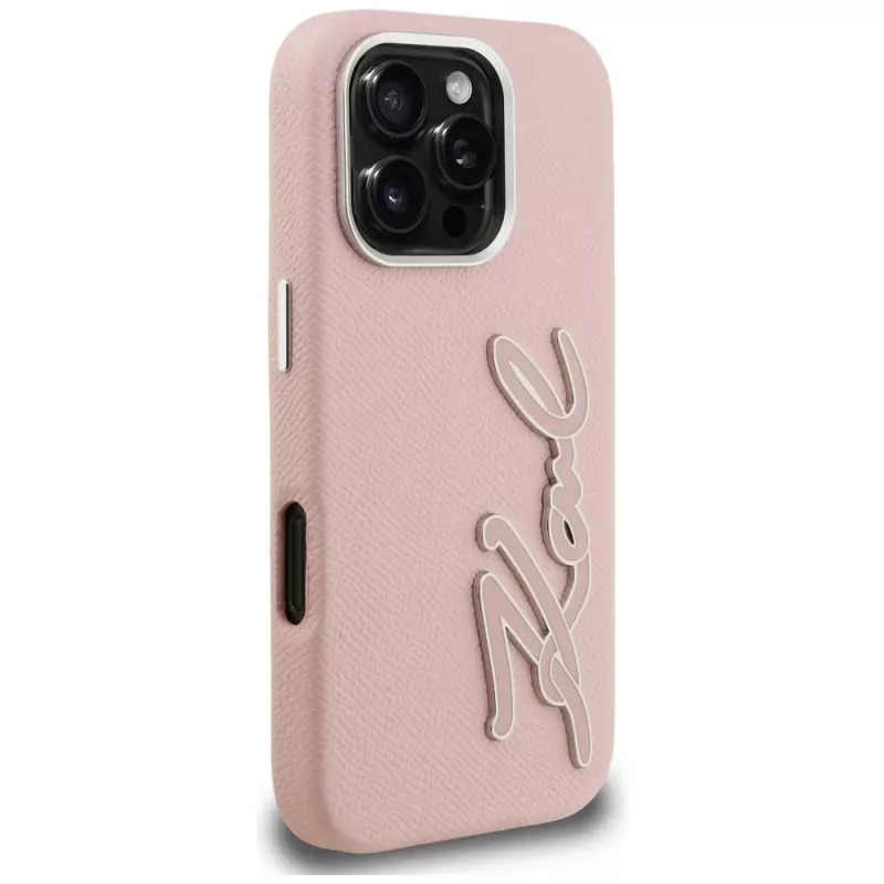 KARL LAGERFELD FW Grained Signature Logo -kovakotelo iPhone 16 Pro, pinkki