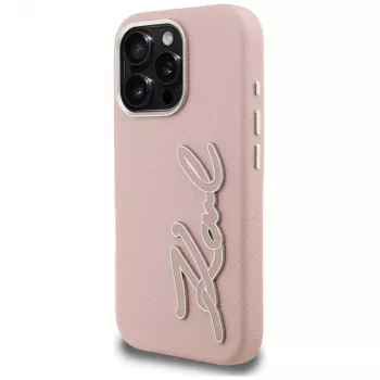 KARL LAGERFELD FW Grained Signature Logo -kotelo iPhone 16 Pro Max, pinkki