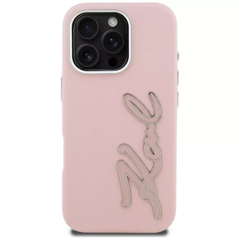 KARL LAGERFELD FW Grained Signature Logo -kotelo iPhone 16 Pro Max, pinkki