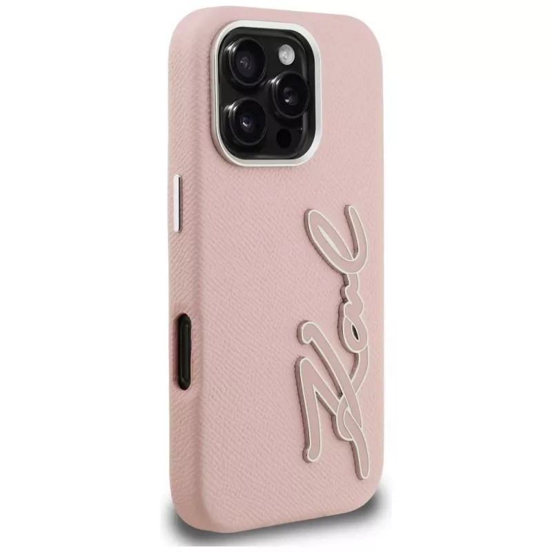 KARL LAGERFELD FW Grained Signature Logo -kotelo iPhone 16 Pro Max, pinkki
