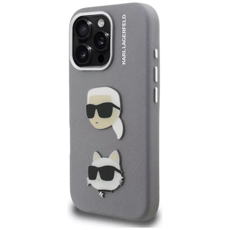 Karl Lagerfeld FW Grained Karl & Choupette Heads Pins -kotelo iPhone 16 Pro, harmaa
