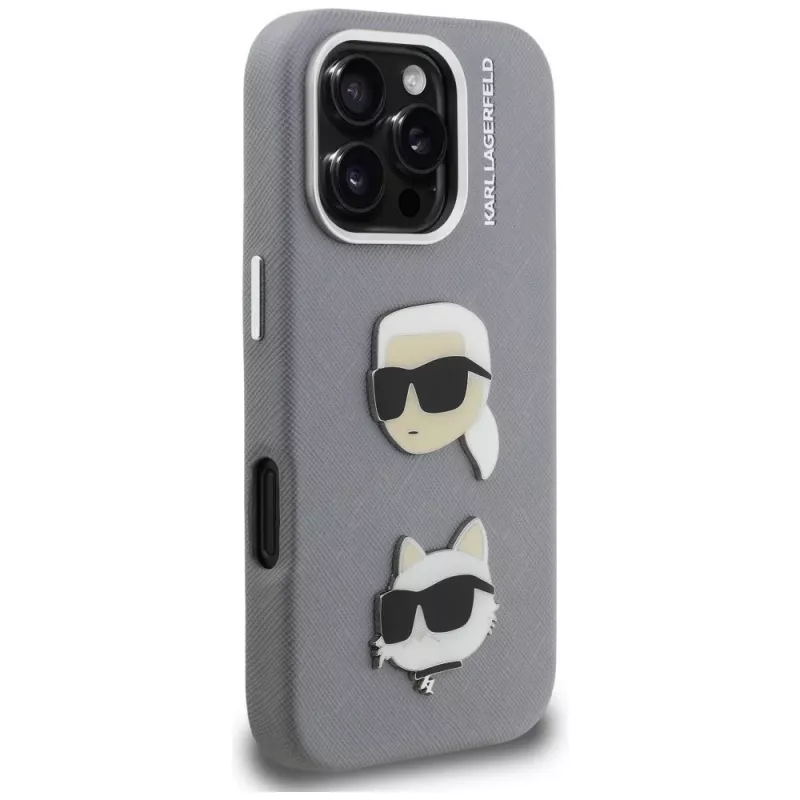 Karl Lagerfeld FW Grained Karl & Choupette Heads Pins -kotelo iPhone 16 Pro, harmaa