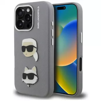 KARL LAGERFELD FW Grained Karl & Choupette Heads Pins -kotelo iPhone 16 Pro Max, harmaa