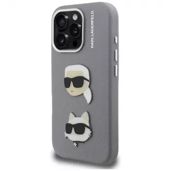 KARL LAGERFELD FW Grained Karl & Choupette Heads Pins -kotelo iPhone 16 Pro Max, harmaa