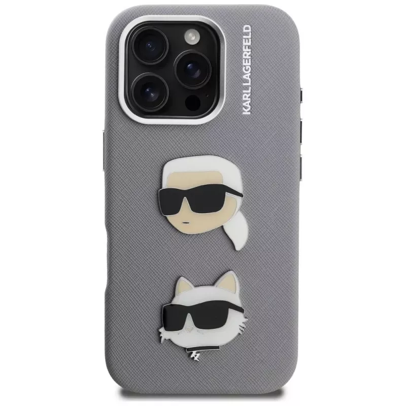 KARL LAGERFELD FW Grained Karl & Choupette Heads Pins -kotelo iPhone 16 Pro Max, harmaa