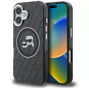 Karl Lagerfeld IML Glitter Karl & Choupette Heads Logo MagSafe -kotelo iPhone 16, musta
