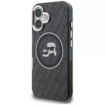 Karl Lagerfeld IML Glitter Karl & Choupette Heads Logo MagSafe -kotelo iPhone 16, musta