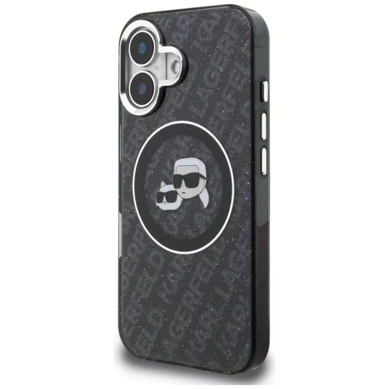 Karl Lagerfeld IML Glitter Karl & Choupette Heads Logo MagSafe -kotelo iPhone 16, musta