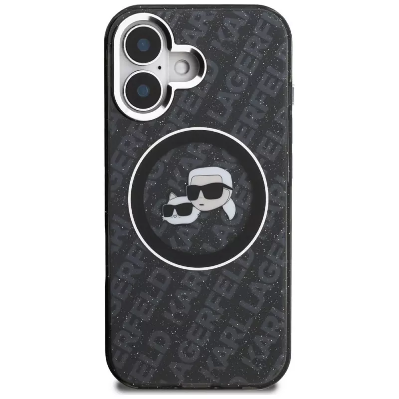 Karl Lagerfeld IML Glitter Karl & Choupette Heads Logo MagSafe -kotelo iPhone 16, musta