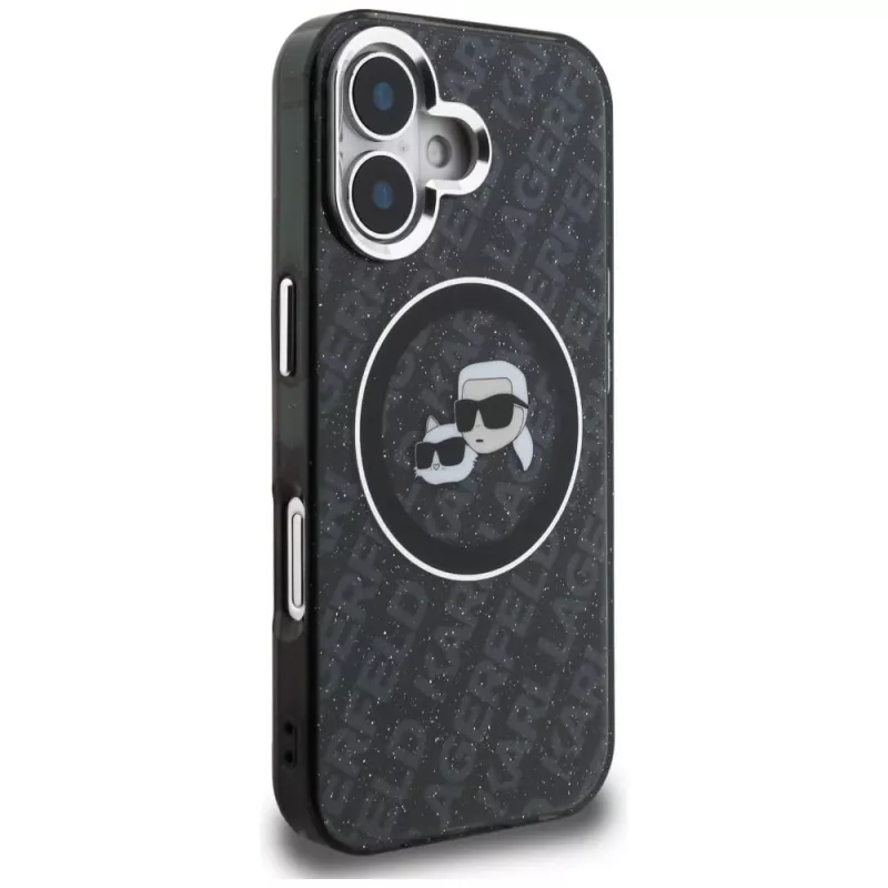 Karl Lagerfeld IML Glitter Karl & Choupette Heads Logo MagSafe -kotelo iPhone 16, musta