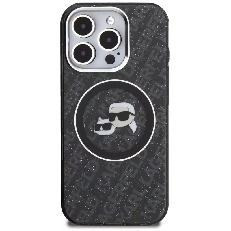 Karl Lagerfeld IML Glitter Karl & Choupette Heads Logo MagSafe -kotelo Apple iPhone 16 Pro, musta