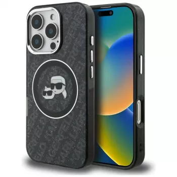 KARL LAGERFELD IML Glitter Karl & Choupette Heads Logo MagSafe -kotelo iPhone 16 Pro Max, musta