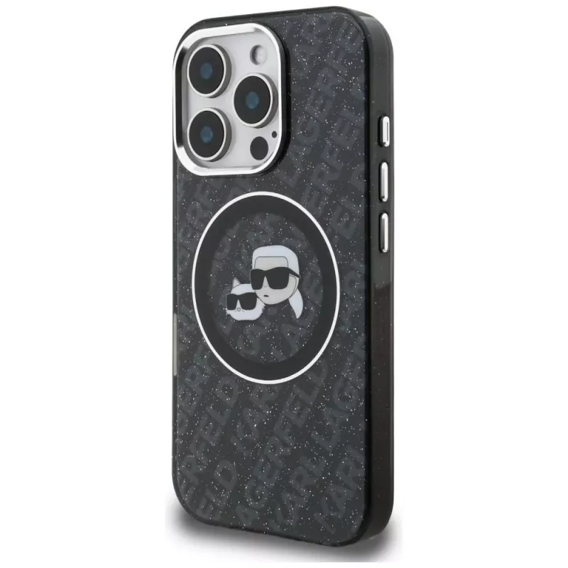 KARL LAGERFELD IML Glitter Karl & Choupette Heads Logo MagSafe -kotelo iPhone 16 Pro Max, musta