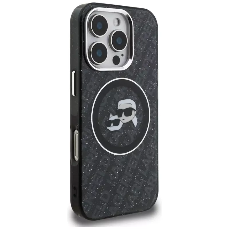 KARL LAGERFELD IML Glitter Karl & Choupette Heads Logo MagSafe -kotelo iPhone 16 Pro Max, musta