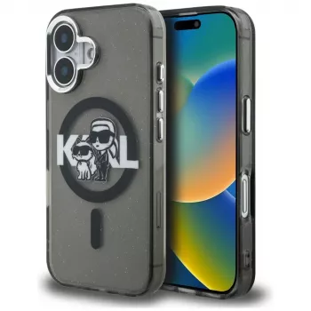 KARL LAGERFELD IML Glitter Karl & Choupette Sketch Logo MagSafe -suojakotelo iPhone 16, musta