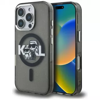 Karl Lagerfeld IML Glitter Karl & Choupette Sketch Logo MagSafe -suojakotelo iPhone 16 Pro Max, musta