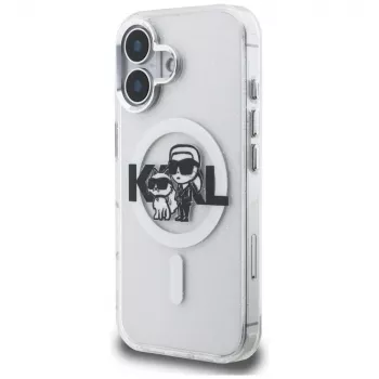 Karl Lagerfeld IML Glitter Karl & Choupette Sketch Logo MagSafe -suojakotelo iPhone 16, läpinäkyvä