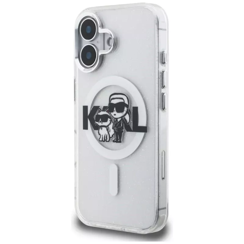 Karl Lagerfeld IML Glitter Karl & Choupette Sketch Logo MagSafe -suojakotelo iPhone 16, läpinäkyvä