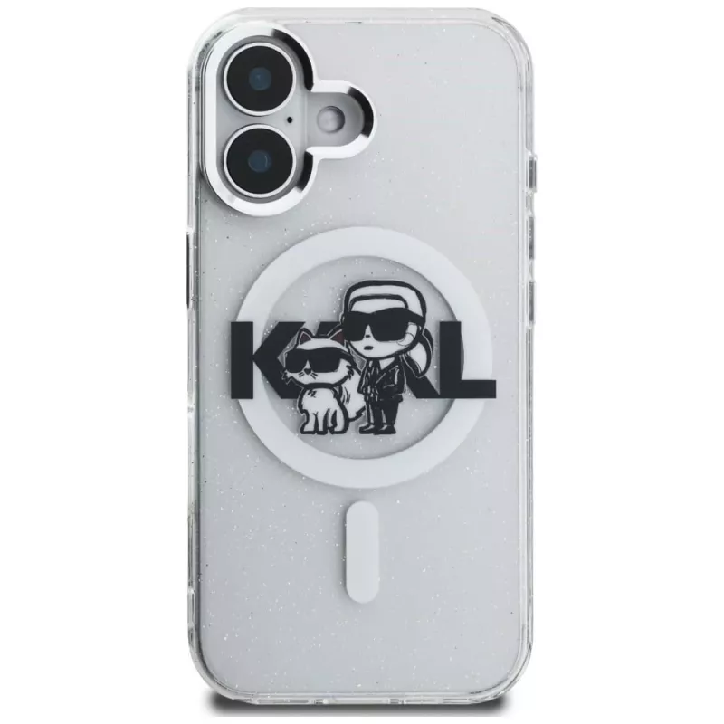 Karl Lagerfeld IML Glitter Karl & Choupette Sketch Logo MagSafe -suojakotelo iPhone 16, läpinäkyvä