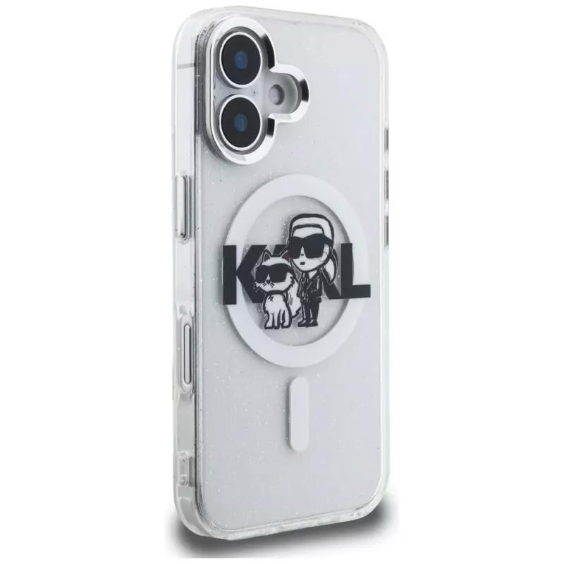 Karl Lagerfeld IML Glitter Karl & Choupette Sketch Logo MagSafe -suojakotelo iPhone 16, läpinäkyvä