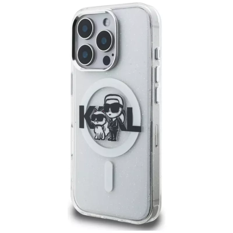 KARL LAGERFELD IML Glitter Karl & Choupette Sketch Logo MagSafe -suojakotelo iPhone 16 Pro, läpinäkyvä