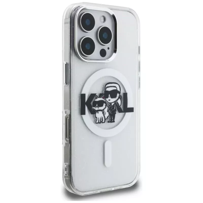 KARL LAGERFELD IML Glitter Karl & Choupette Sketch Logo MagSafe -suojakotelo iPhone 16 Pro, läpinäkyvä
