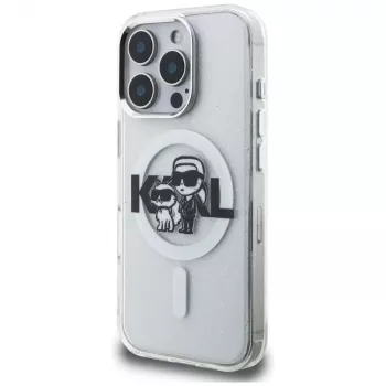 Karl Lagerfeld IML Glitter Karl & Choupette Sketch Logo MagSafe -suojakotelo iPhone 16 Pro Max, läpinäkyvä