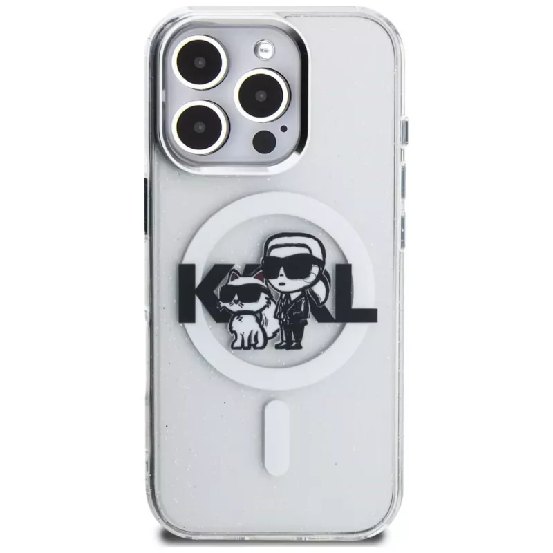 Karl Lagerfeld IML Glitter Karl & Choupette Sketch Logo MagSafe -suojakotelo iPhone 16 Pro Max, läpinäkyvä