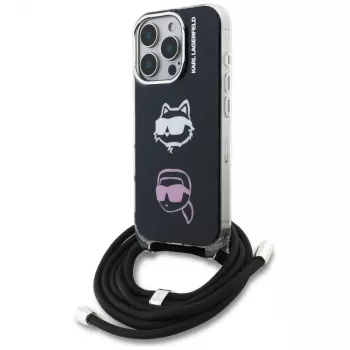 KARL LAGERFELD IML Crossbody -suojakotelo Karl & Choupette Head -kuosilla Apple iPhone 16 Pro Max, musta