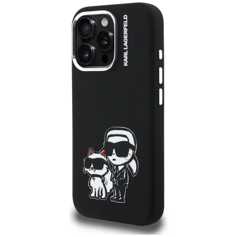 KARL LAGERFELD Silikoni Karl & Choupette Sketch MagSafe -suojakotelo Apple iPhone 16 Pro, musta