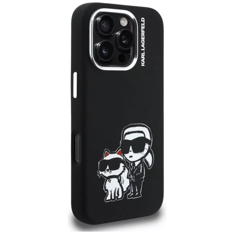 KARL LAGERFELD Silikoni Karl & Choupette Sketch MagSafe -suojakotelo Apple iPhone 16 Pro, musta