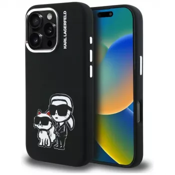 KARL LAGERFELD Silicone Karl & Choupette Sketch MagSafe -suojakotelo Apple iPhone 16 Pro Max, musta