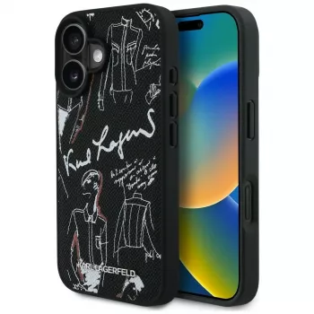 KARL LAGERFELD Grained Pattern & Logo MagSafe -suojakotelo iPhone 16, musta
