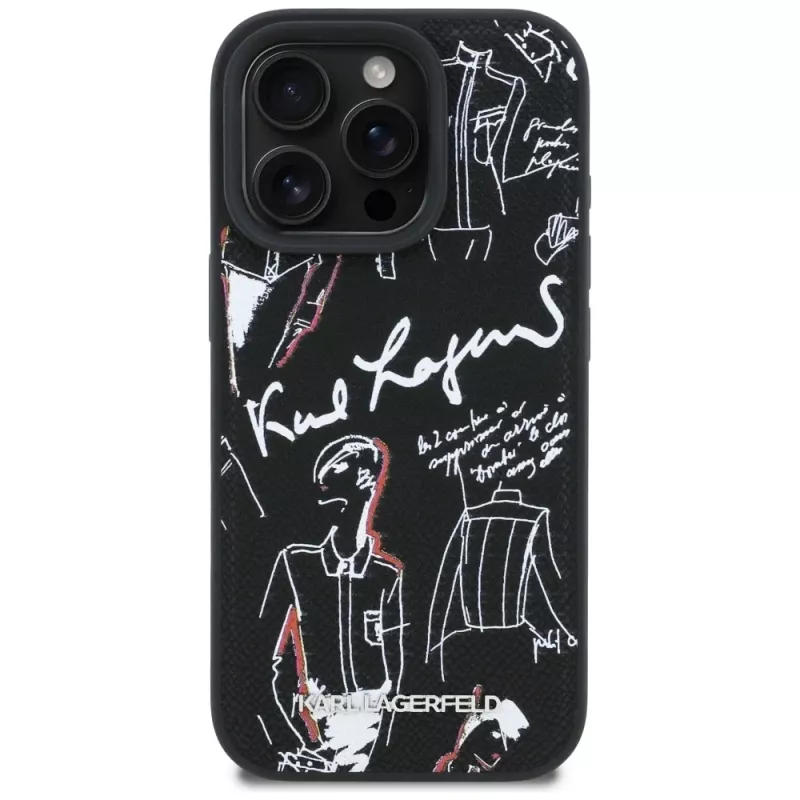 KARL LAGERFELD Grained Pattern & Logo MagSafe -suojakotelo iPhone 16 Pro Max, musta