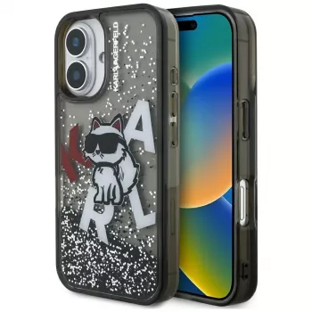 KARL LAGERFELD Liquid Glitter Choupette Logo -suojakotelo iPhone 16, musta