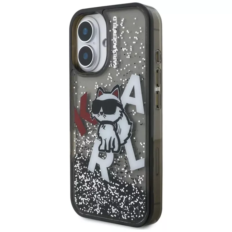 KARL LAGERFELD Liquid Glitter Choupette Logo -suojakotelo iPhone 16, musta