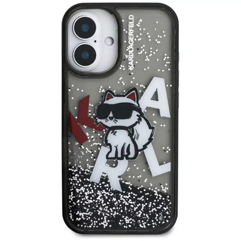 KARL LAGERFELD Liquid Glitter Choupette Logo -suojakotelo iPhone 16, musta