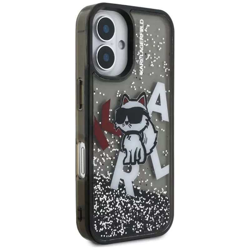 KARL LAGERFELD Liquid Glitter Choupette Logo -suojakotelo iPhone 16, musta