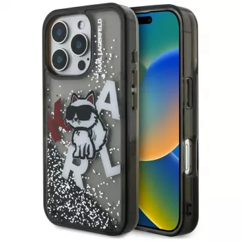 KARL LAGERFELD Liquid Glitter Choupette Logo -suojakotelo iPhone 16 Pro, musta